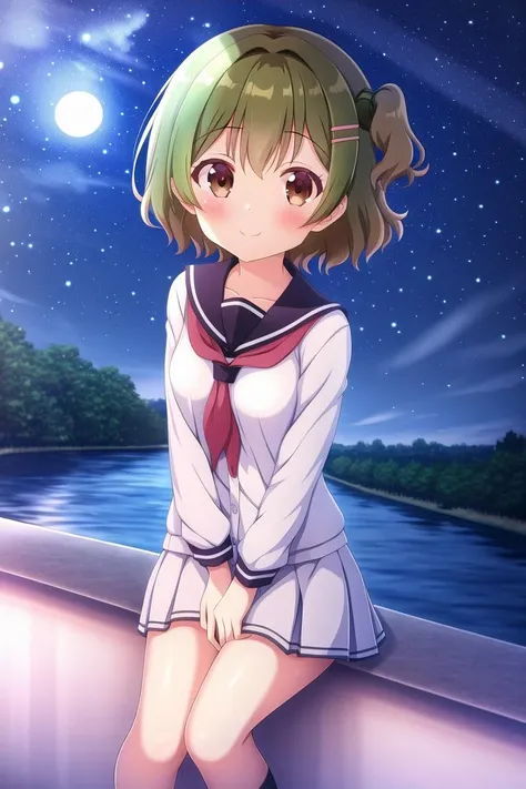 highres, 1girl, aizawa rena, small breasts, serafuku, randoseru, outdoors, sky, night, river,