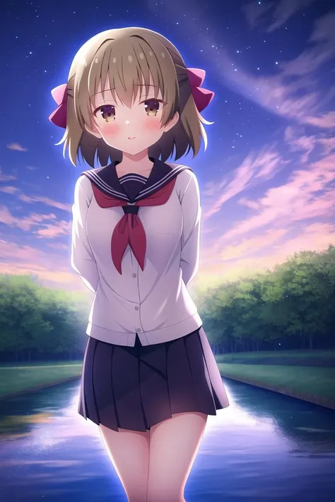 highres, 1girl, inatomi yuyu, small breasts, serafuku, randoseru, outdoors, sky, night, river,