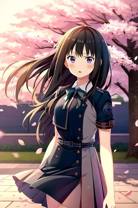 highres, high quality, 1girl, inoue takina, lycoris uniform, blue dress, outdoors, cherry blossoms, falling petals, evening