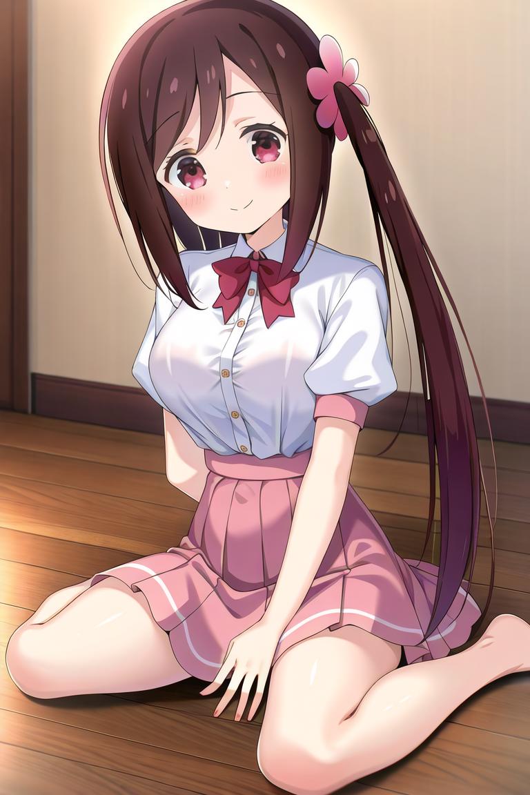 Anime girl sitting on the floor with her hair in a ponytail - SeaArt AI