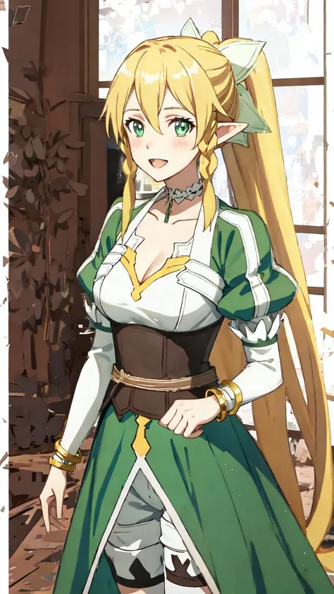 lumen reflections, natural lighting, evocative, triadic color scheme, cowboy shot, elegant, voluptuous:0.6, looking at viewer, 1girl, female, solo, blush, open mouth, smile, teeth, sfw, <lora:Leafa:1>, leafa, green eyes, blonde hair, very long hair, bangs, ponytail, side braid, hair between eyes, hair ornament, bracelet, jewelry, choker, breasts, bracelet, puffy sleeves, green dress, white shorts, white thighhighs,