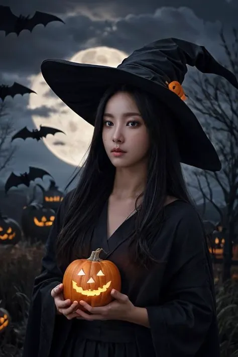 1girl, solo, 4k HDR, realistic, ultra detailed, natural lighting, wearing a witch outfit with long hair, halloween theme background with gloomy pumpkin glowing in the dark and full moon, scattered cloud, asymmetrical wavy long hair, (detailed face), (detailed background :1.1), upper body, wearing witch hat, black robe,