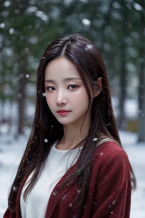 masterpiece, best quality, ultra-detailed, ultra high res, (photorealistic:1.4), raw photo, (realistic:0.2), CG, 8k HDR, perfect lighting, 1girl, solo, looking at viewer, sharp focus, perfect anatomy, slender, (cinematic lighting), 1girl, wearing santa claus outfit, christmas theme, snow christmas background in the morning ,holding red box of present, snow, snowflakes, closed mouth, asymmetrical wavy long hair, (detailed oily skin), (detailed face)