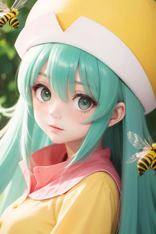 1girl, minimalism, {close-up}, shiny skin, nose blush <lora:HxHPonzu:0.8> HxHPonzu, aqua hair, green eyes, pink shirt, yellow hat, round hat, yellow pants, bee swarm