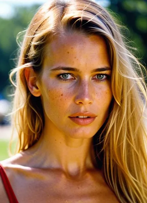 A stunning intricate color close up portrait of (sks woman:1) , wearing Romper, epic character composition, sharp focus, natural lighting, subsurface scattering, f2, 35mm, film grain, , by Henri Cartier-Bresson, <lora:locon_claudiaschiffer_v1_from_v1_64_32:1>