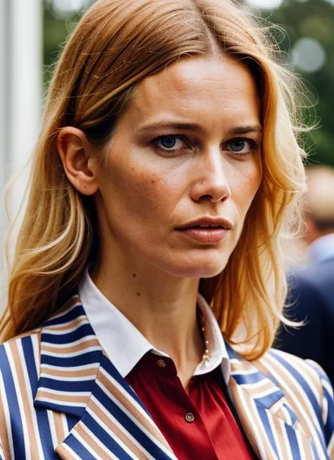 A stunning intricate color close up portrait of (sks woman:1) , wearing Striped blazer and dress pants, epic character composition, sharp focus, natural lighting, subsurface scattering, f2, 35mm, film grain, , by Dominique Issermann, <lora:locon_claudiaschiffer_v1_from_v1_64_32:1>