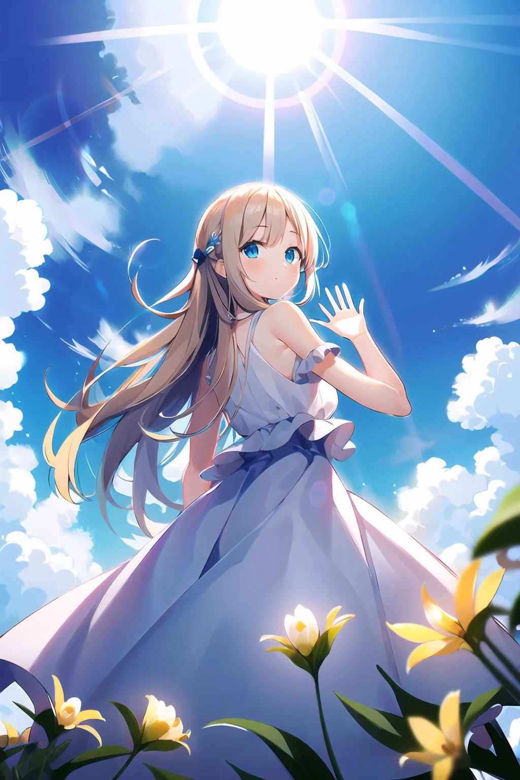 1girl, long hair, blue eyes, sun, backlighting, lens flare, waving, lily \(flower\), frilled dress, from below, tress ribbon,
