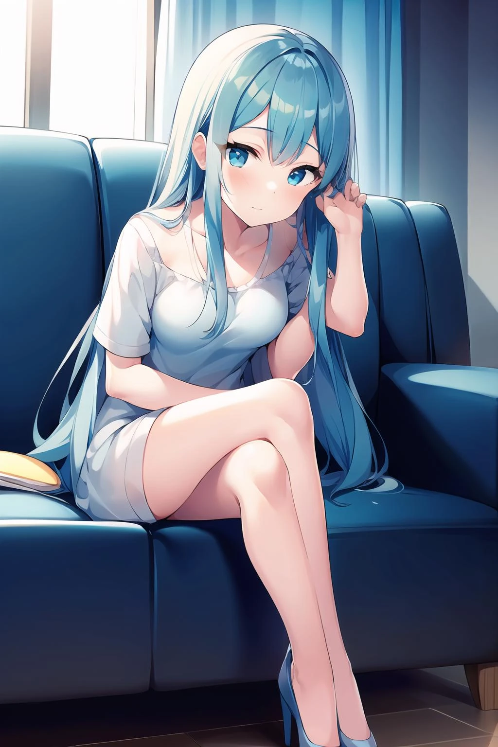 1girl,close-up, long hair, light blue hair, medium breasts,crossed legs, room,sitting, sofa,full body,