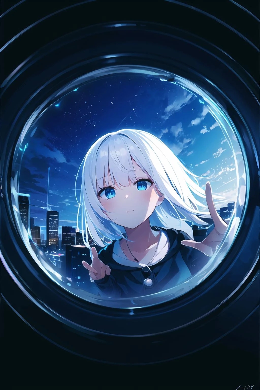 1girl, white hair, blue eyes, (ferris wheel interior:0.7), city,night sky, cloud, light,pov,sitting, (close-up:1.3), glass, reaching out, reflection, holding photo,