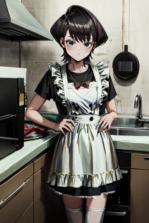 absurdres, highres, best quality, <lora:estheticNadegataStyle_nadev1:1> nadegata style, 1girl, <lora:komiShuuko_v10:1> komishuuko, apron, kitchen,