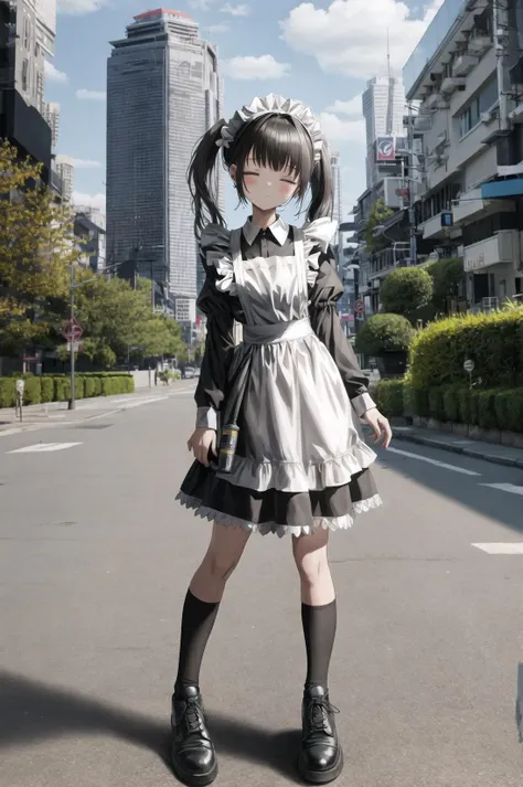 nadegata, 1girl, apron, black footwear, black legwear, building, city, cityscape, closed eyes, day, dress, earrings, facing viewer, frilled apron, frills, house, jewelry, long sleeves, maid, maid apron, maid headdress, mole, outdoors, photo background, puffy sleeves, road, shoes, skateboard, sky, skyscraper, solo, twintails, white apron <lora:nadev1:0.6>