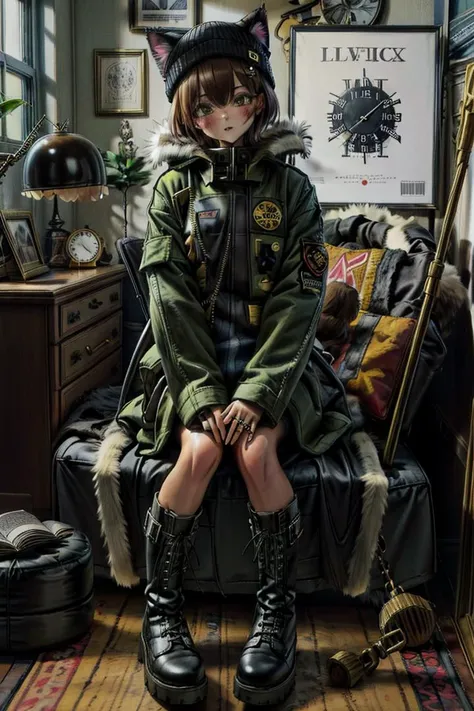 masterpiece, best quality, highres, nadegata, 1girl, animal ears, animal hat, beanie, black footwear, blush, boots, brown hair, cat hat, clock, coat, fur-trimmed boots, fur-trimmed coat, fur-trimmed hood, fur-trimmed jacket, fur-trimmed sleeves, fur coat, fur collar, fur trim, green coat, hat, indoors, jacket, jewelry, knee boots, long sleeves, looking at viewer, ring, short hair, sign, sitting, solo, messy room, clutter, wires everywhere, <lora:nadev1:0.6> <lora:detail_slider_v4:1>