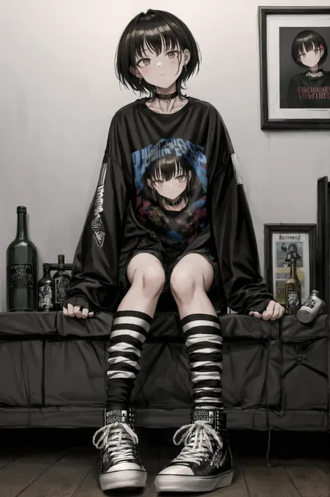 nadegata, 1girl, black choker, black hair, black shirt, bottle, brown eyes, can, choker, clothes writing, collar, earrings, jacket, kneehighs, long sleeves, looking at viewer, print shirt, shirt, shoes, short hair, sitting, sleeves past wrists, sneakers, socks, solo, striped, striped legwear <lora:nadev1:0.6>