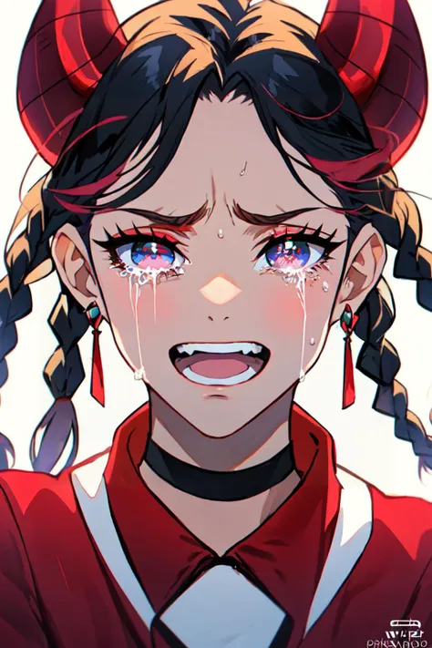 1girl, artist name, bangs, black hair, black horns, chair, choker, close-up, crying with eyes open, earrings, eye focus, looking at viewer, makeup, pink hair, pokemon (creature), red dress, solo, teeth, twin braids, ultrasharpdskstyle, wavy hair<lora:ultrasharp-05:0.8>