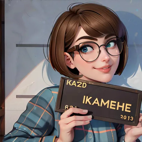 <lora:bzl_06:0.8> bzl_test, <lora:kenmugshot:0.8> concept_ken_mugshot_ownwaifu, height_mark, mugshot, barbie_mugshot_(meme), holding sign, smile, solo, woman wearing flannel and glasses, brown bob haircut, (blue|grey|green) eyes || masterpiece, perfect quality, sharp focus, shallow depth of field, 8k