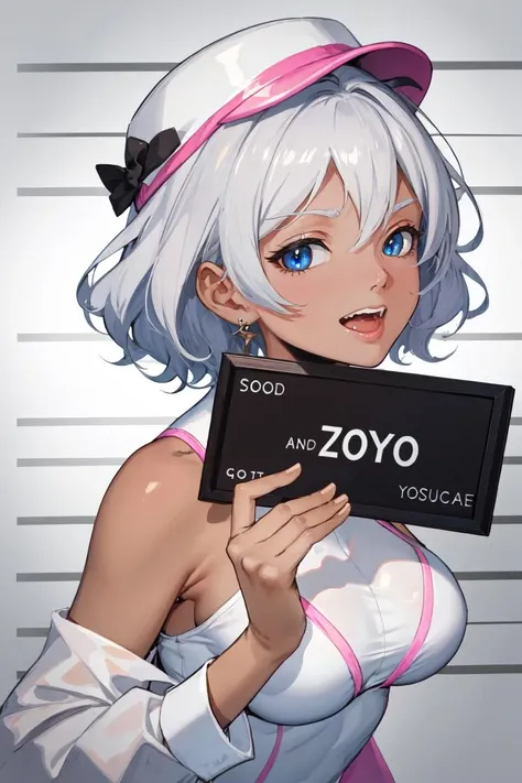 good anatomy, masterpiece, best quality, 4k, 8k, 1boy, barbie_mugshot_(meme), brick floor, concept_ken_mugshot_ownwaifu, earrings, hat, holding, (holding sign:1.1), letterboxed, looking at viewer, meme, open mouth, shirt, short hair, sign, smile, solo, upper body, www.ownwaifu.com, zoom layer <lora:CONCEPT_ken_mugshot_ownwaifu:1> (pink theme:1.3),
white_top_ownwaifu,www.ownwaifu.com,short hair,breasts,dark skin,dark-skinned female,large breasts,bare shoulders,blue eyes,silver hair,white leotard,white hair,collarbone,
<lora:ANIME_secelia_dote_ownwaifu-10:0.6>