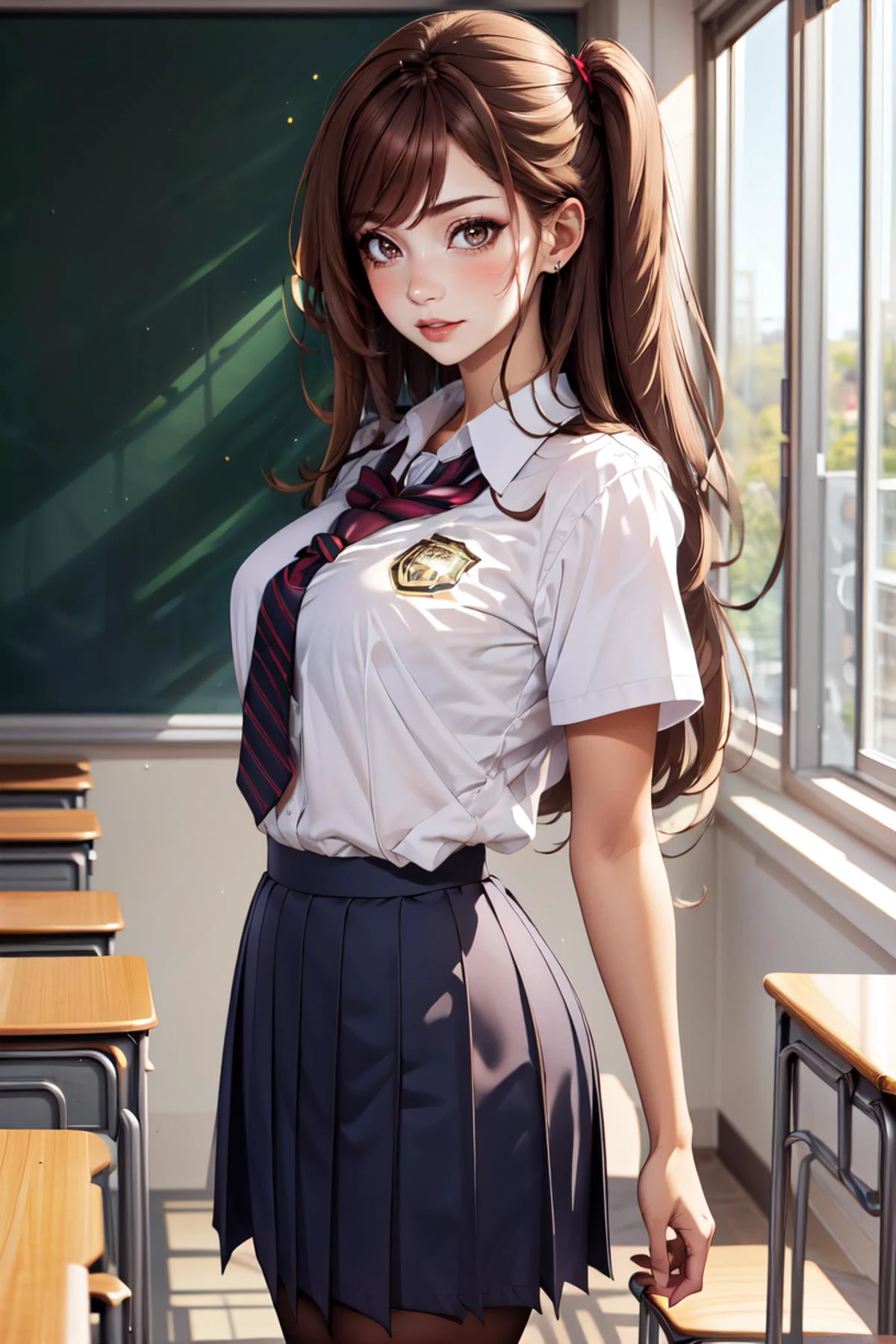 masterpiece, best quality, 1girl, <lora:side_up-1.0:0.8> su hair, side up, colored tips, light brown hair, gyaru, large breasts, wide hips, dark skin, piercing, thick lips, school uniform,