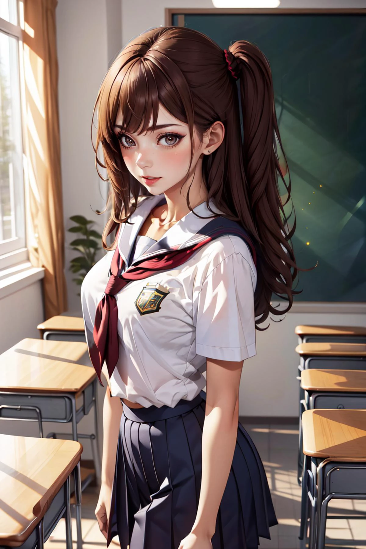masterpiece, best quality, 1girl, <lora:side_up-1.0:0.8> su hair, side up, colored tips, light brown hair, gyaru, large breasts, wide hips, dark skin, piercing, thick lips, school uniform,