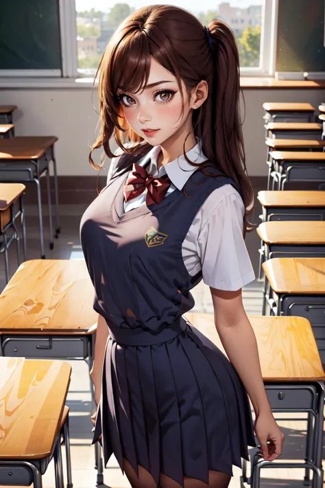 masterpiece, best quality, 1girl,  <lora:side_up-1.0:0.8> su hair, side up, colored tips,  light brown hair,   gyaru,  large breasts, wide hips,   dark skin, piercing, thick lips, school uniform,