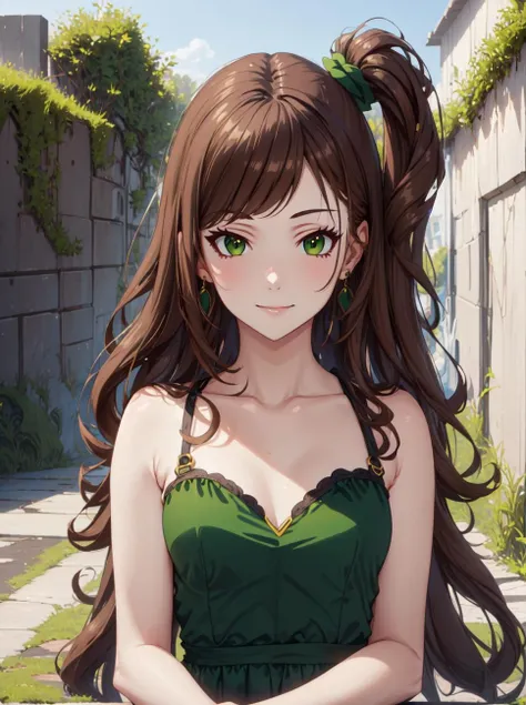 breathtaking, 8k, masterpiece, highly detailed, solo, beautiful 1girl, side up, (su hair), long hair, brown hair, (green eyes), slight smile, (long eyelashes), (green dress), earrings, idolmaster, laneway, coy look, upper body, <lora:side_up-1.0:0.8>