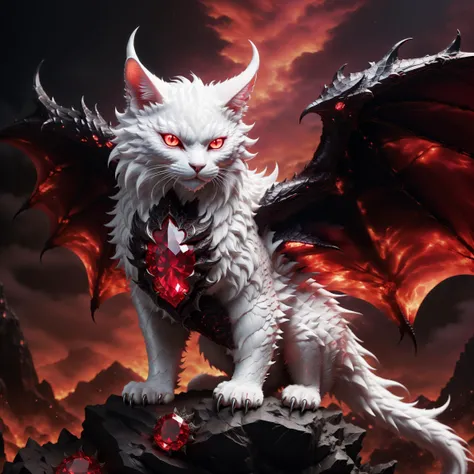 Fluffy White Demon cat perched upon hellish mountain, dragon wings, glowing ruby eyes, fiery depths, ebony armor with ruby gem inlay, incredible detail, terror, dread, horror, fierce, <lora:scarlem:1>, scarlem