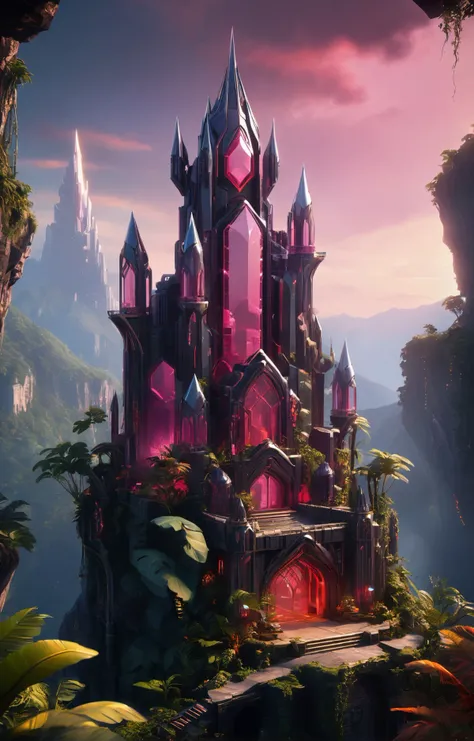 triadic colors, (sci-fi aesthetic:1.4) BREAK scarlem a towering castle stands above steep cliffs with a lush jungle below it <lora:scarlem:1> BREAK 8k, uhd, insane details, photorealism painting, cinematic lighting, (rim lighting, side lighting:1.4), bokeh, 4k