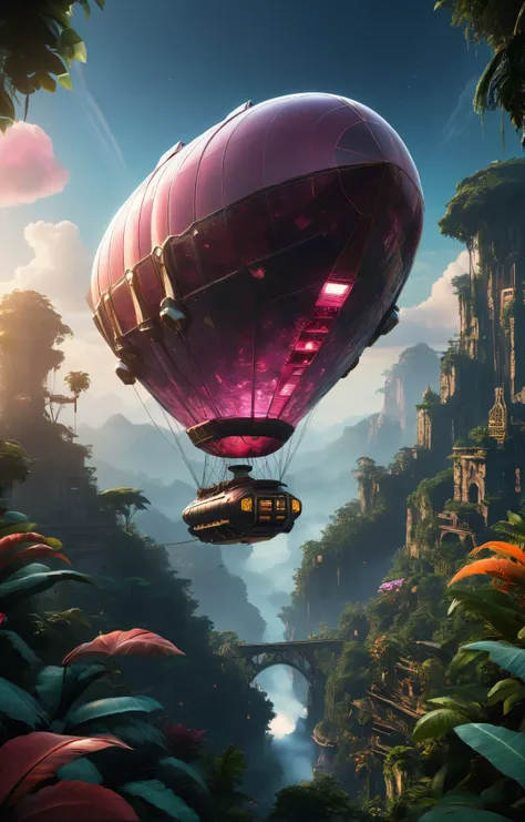 triadic colors, (sci-fi aesthetic:1.4) BREAK scarlem a dirigible flying across the sky with a lush jungle below it <lora:scarlem:1> BREAK 8k, uhd, insane details, photorealism painting, cinematic lighting, (rim lighting, side lighting:1.4), bokeh, 4k