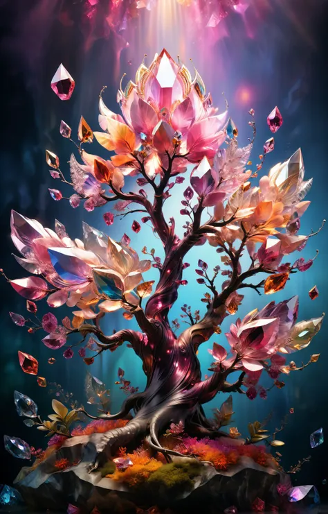 triadic colors, midriff, solo, realistic, photorealistic, best quality, masterpiece, ultra high res, finely detailed, quality, realistic lighting, detailed skin, intricate details, raw photo, absurdres, highres, ultra detailed scarlem a tree of magical crystals <lora:scarlem:1> BREAK gorgeous makeup, stunning beauty, detailed skin, skin texture, skin pores, (freckles:1.15) BREAK (reflection, refraction, Rembrandt lighting, diffuse lighting, radiosity, photon mapping, subsurface scattering, atmospheric lighting, dynamic lighting, Multi-exposure HDR capture, Screen Space Global Illumination, Ray Tracing, Lumen Reflections, Tone Mapping, volumetric lighting, Circular polarizer, broad lighting, dramatic lighting, moody lighting:1.3), (explosive light and shadow, lens flare, light particle, lens glare, light particles, Luminescent Particles, floating particles, particles:1.2), (depth of field, blurry foreground, sharp focus, perspective, aerial perspective, film grain, film:1.4), (colorful refraction, iridescent colors, Iridescence:1.1), (dark studio, rim lighting, two tone lighting, dimly lit, low key, rim light, dark theme), watercolor style, soft blending, dreamy washes, delicate textures, brilliant colors, action painting, gestural marks, dynamic brushwork, expressive motion, spontaneous technique, abstract expressionism, energetic compositions, action pose, vibrant glow, dynamic colors, reflective surfaces, Overdetailed art, Water color painting, (atmosphere, Cosy, Peaceful, Hopeful:1.1), (Glowing ambiance, enchanting radiance, luminous lighting, ethereal atmosphere, mesmerizing glow, evocative hues, captivating coloration, enchanting aura, melanchonic soft light:1.1), official art, beautiful and aesthetic, beautiful, (zentangle, mandala, tangle, entangle), (ecstasy of flower:1.1), the most beautiful form of chaos, elegant, a brutalist designed, vivid colours, romanticism, atmospheric, warm tone, soft light, (fractal art) BREAK delicate, Ultrarealistic, drawing, Detailed illustration, extremely detailed CG Unity 8k wallpaper, cinematic, dramatic, PBR Texturing, huge filesize, 8k uhd, octane render, unreal engine 5 <lora:xl_more_art-full_v1:0.5>