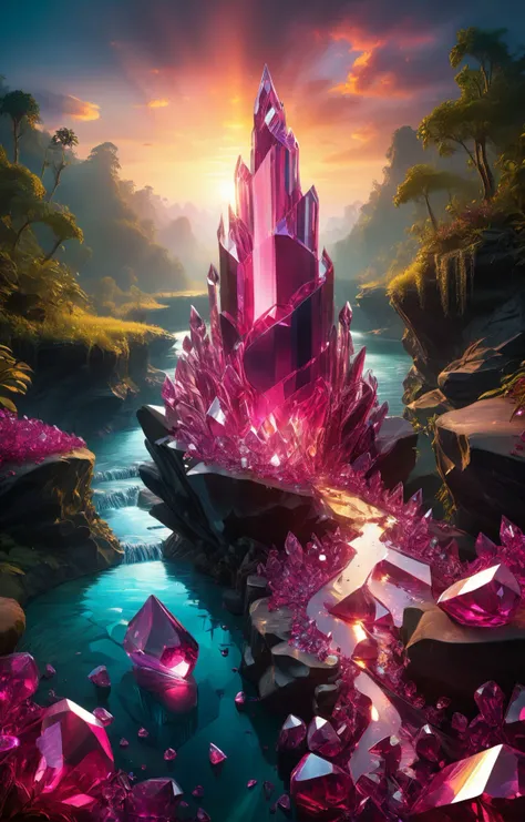 art by Phil Koch, detailed digital painting, scarlem magical crystals on a sprawling landscape with a river encircling a lush jungle <lora:scarlem:1>, sunset color lighting, magenta, yellow, cyan, ultra highly detailed, highly detailed, intricate, intricate pose, clarity, high quality