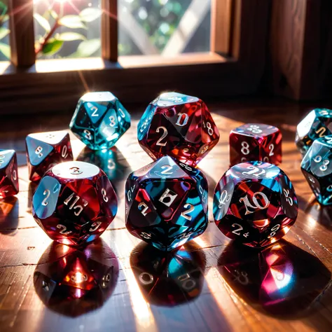 texture <lora:scarlem:0.8>scr1, close up of one scarlem D&D Dice D20, on a woodem table with sunlight entering through the window, detailed transparency