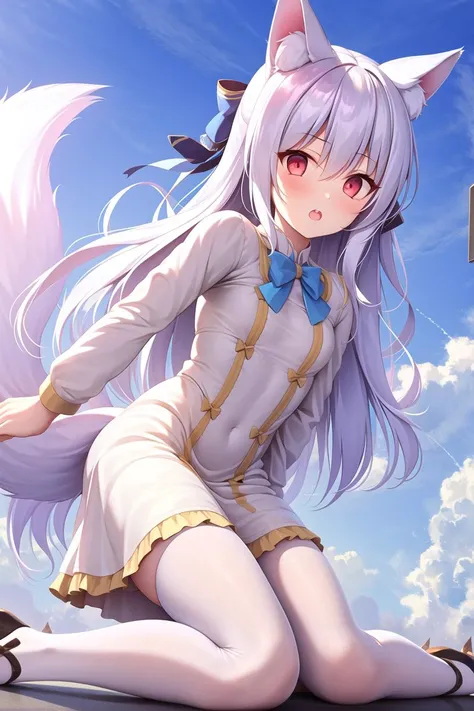 1girl, blue bow, animal ears, red eyes, long hair, very long hair, long sleeves, solo, bow, hair between eyes, tail, fox tail, bangs, dress, white legwear, white hair