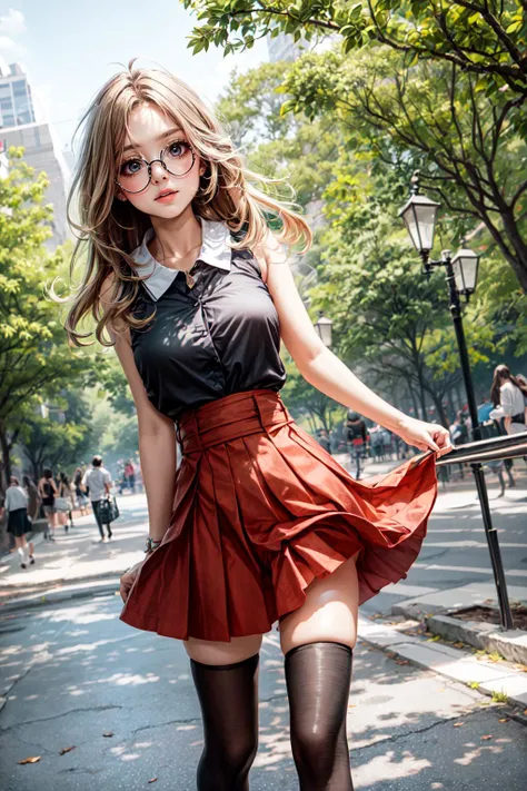<lora:PKMN_Serena_Gen6_v1:0.8>, ((black shirt, collared shirt, sleeveless, red skirt, high-waist skirt, pleated skirt, black thighhighs,)):1.24, sweating:1.1, dynamic squatting,
BREAK 1woman, adorable, clear face, solo, ((full body)):1.33, ((a woman wear a clear glasses, detailed glasses)):1.2,
BREAK perfect(anatomy,body,face,hand,leg,foot,fingers), ((multicolor hairs, very long hairs):1.2, cleavage),
BREAK soft light, light on face, cinematic lighting, dynamic(angle, elegant posture), detailed(shadow, lightning),
BREAK beautiful detailed woman, glossy pink lips, ((milky skin, shiny skin)), makeup, blush,eyeliner, eyeshadow, eyelashes, textured skin, collarbone, perfect skin,
BREAK <lora:more_details:0.72>, extremely detailed, CG, finely detail, (masterpiece, best quality):2.0, (intricate details, depth of field),
BREAK <lora:uber_saggy2:0.67>, saggy, sagging_breasts, ((large breasts)),
outdoors, detailed central park, garden, day, cozy, flowers,