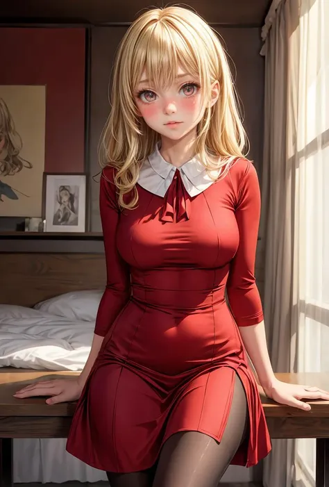 (masterpiece, best quality), 1girl, blonde hair, red dress, pantyhose, cute face, blush, <lora:add_detail:1>
