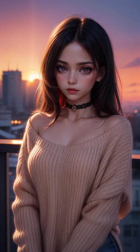 ****ung cute iranian girl,very slim,skinny,redhead,rouge,red neck lace choker,cateyes makeup,colorful,oversize knit jumper,softcore,warm lighting,cosy atmosphere,Instagram style,red theme,upper body shot,(cinematic, black and red:0.85),(sunset beautiful background:1.3),sharp,dim colors,,<lora:locon_perfecteyes_v1_from_v1_64_32:1> ,<lora:hairdetailer:1>