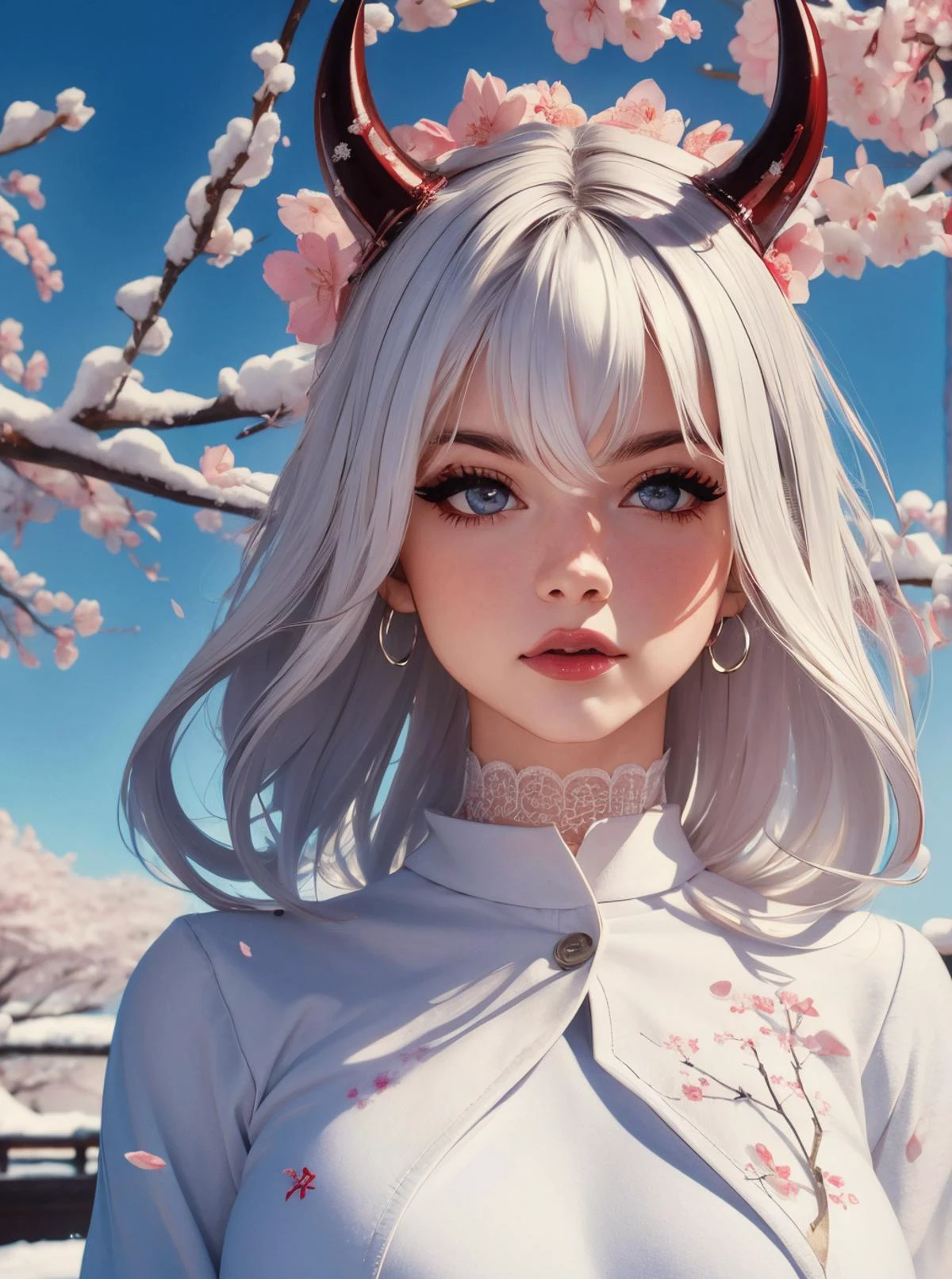 1 Girl, cherry Blossoms, dragon horns, Pretty Face, Face Details,
Negative Space, Snow, White, Epic, White hair,
Lovely girl, Choker, Shine Eyes, Best Quality, Masterpiece, <lora:Gabi:0.7> <lora:WGirls:0.5>
