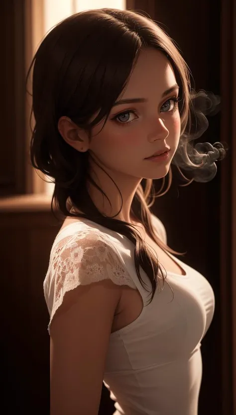HyperSmoke, award winning portrait photo of an young norwegian woman, fair skin, bokeh, backlit, (brown color in detail:1.1), elegant atmosphere, realistic, intricate details, true skin tone, dark backround <lora:lowkey_v1.1:1>