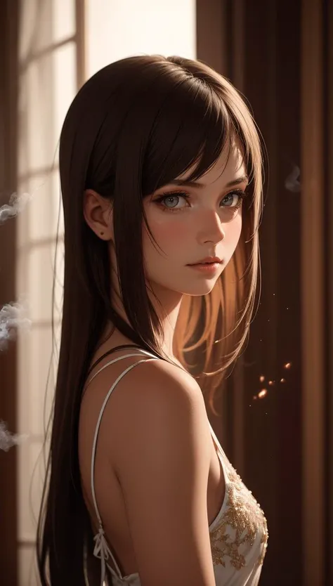 HyperSmoke, award winning portrait photo of an young norwegian woman, fair skin, bokeh, backlit, (brown color in detail:1.1), elegant atmosphere, realistic, intricate details, true skin tone, dark backround <lora:lowkey_v1.1:1>