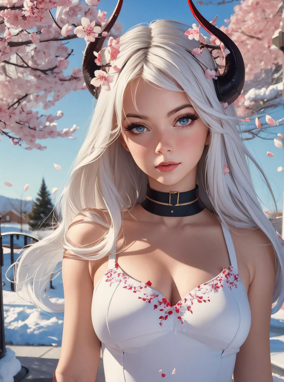 1 Girl, cherry Blossoms, dragon horns, Pretty Face, Face Details,
Negative Space, Snow, White, Epic, White hair,
Lovely girl, Choker, Shine Eyes, Best Quality, Masterpiece, <lora:Gabi:0.7> <lora:WGirls:0.5>