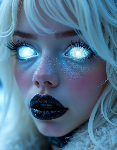 Close view of cute female face with snowwhite hair, frost covered pale skin, with white glowing ice crystals instead of eyes. Black glowing lips covered by black crystals. Vibrant colors, drammatic light.