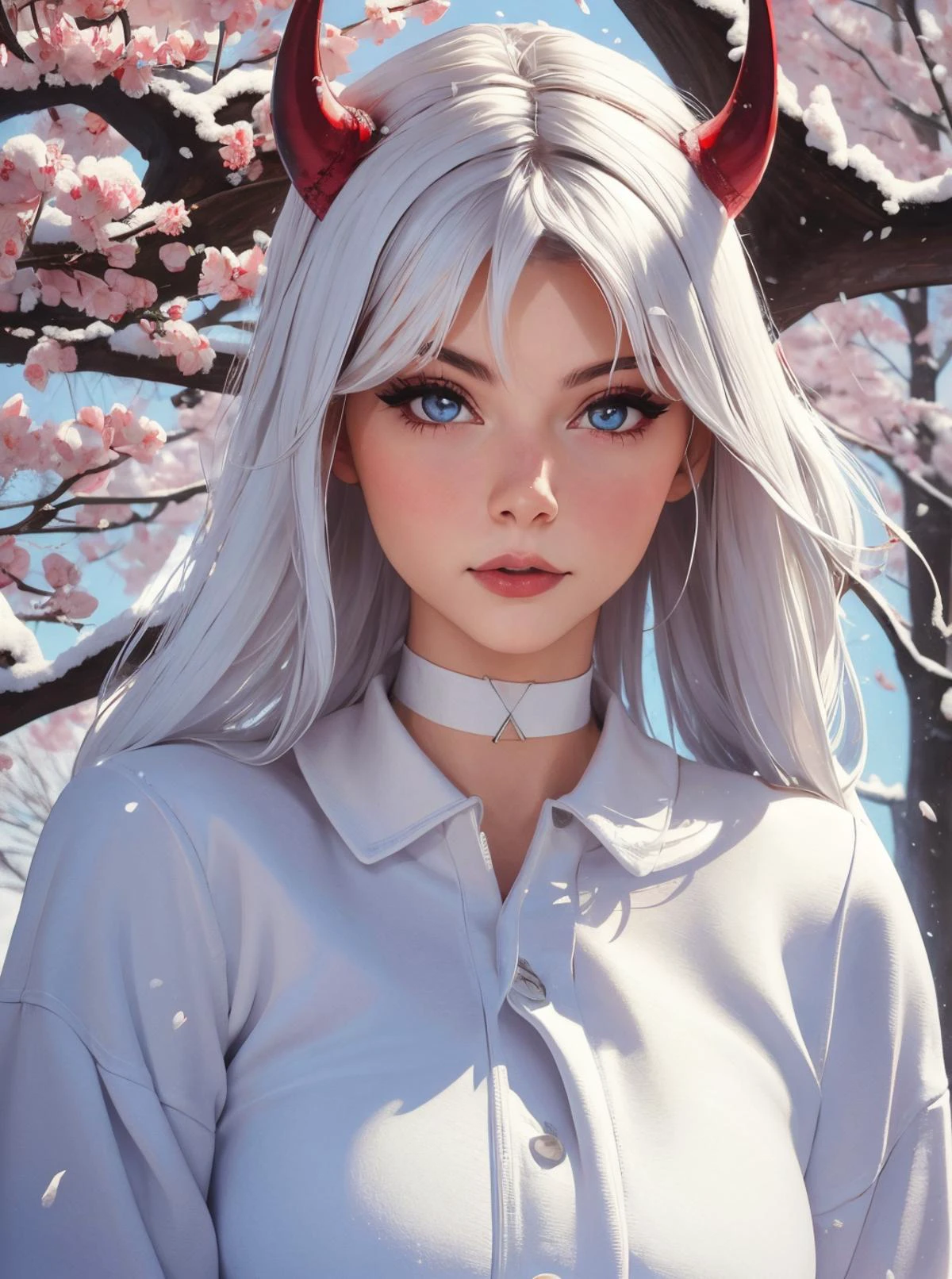 1 Girl, cherry Blossoms, dragon horns, Pretty Face, Face Details,
Negative Space, Snow, White, Epic, White hair,
Lovely girl, Choker, Shine Eyes, Best Quality, Masterpiece, <lora:Gabi:0.7> <lora:WGirls:0.5>