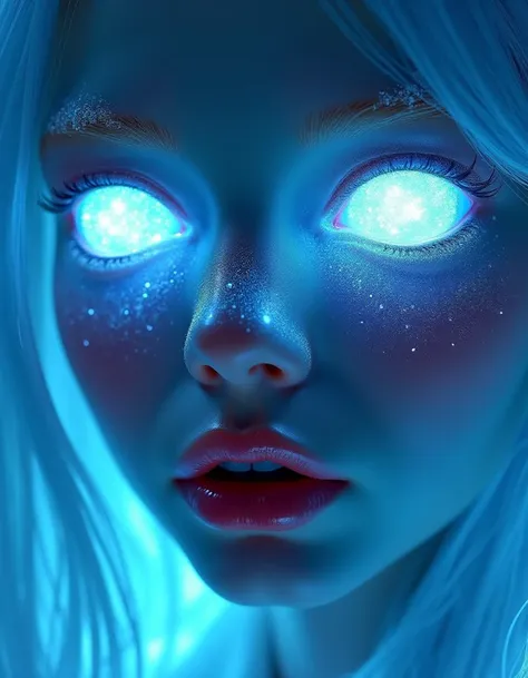 Close view of cute female face with snowwhite hair, frost covered pale skin, with white glowing ice crystals instead of eyes. Crystallized blue glowing lips. Vibrant colors, drammatic light.