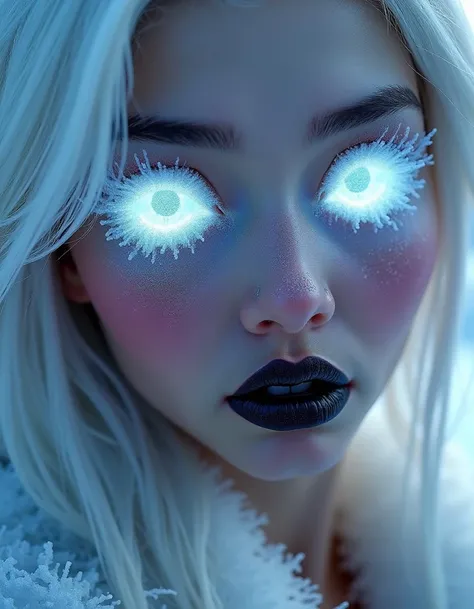 Close view of cute female face with snowwhite hair, frost covered pale skin, with white glowing ice crystals instead of eyes. Black glowing lips covered by black crystals. Vibrant colors, drammatic light.