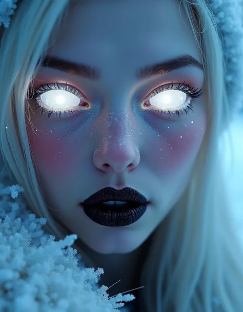 Close view of cute female face with snowwhite hair, frost covered pale skin, with white glowing ice crystals instead of eyes. Black glowing lips covered by black crystals. Vibrant colors, drammatic light.