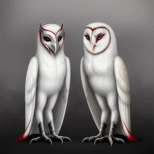 <lora:gahoole:0.5> owl, male, best quality, masterpiece, full body, kludd, barn owl, injured, scar, cloudy eye, evil, evil helmet, pure one, metal beak, no face, duo, (nyra, red markings, white feathers)