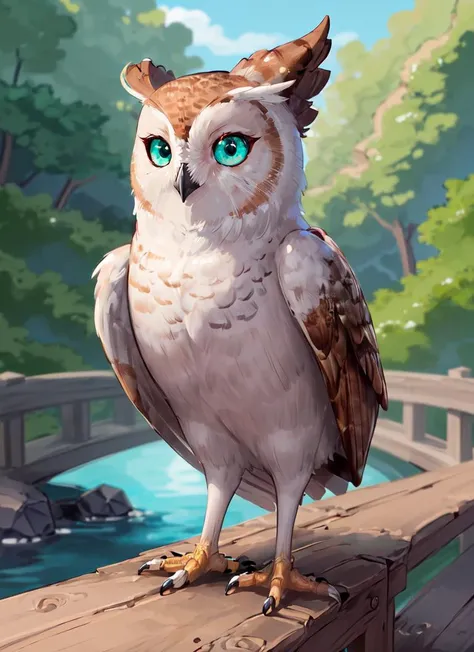 ((best quality)), ((highly detailed)), absurdres, (detailed eyes, deep eyes), (1girl), full body, <lora:hairdetailer:.7>, <lora:gahoole:.65>, (owl), light green eyes, ((no humans)), (outside, at a wooden bridge, noon)