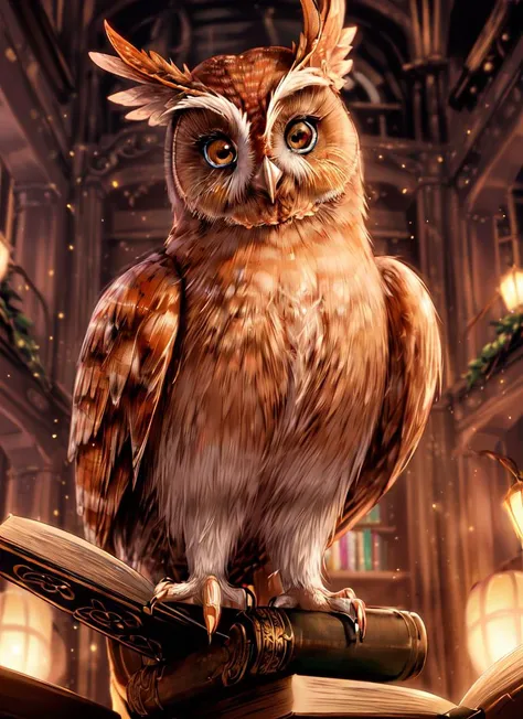 ((best quality)), ((highly detailed)), absurdres, extremely detailed face, beautiful face, (detailed eyes, deep eyes), <lora:more_details:.6>, (1girl), close-up, full body, ((very wide shot)), <lora:gahoole:.75>, (owl), orange eyes, (twilight owl), (((no humans))), (indoors, at a library, librarian, book shelves, open book)