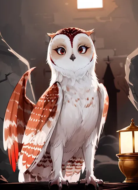((best quality)), ((highly detailed)), absurdres, (detailed eyes, deep eyes), (1girl), depth of field, dynamic pose, cowboy shot, very wide shot, <lora:gahoole:.6>, (owl), red eyes, (short eared owl), evil, (((no humans))), (outside, <lora:alley-wasabi:1>, allywall, stone wall, lamp, noon)