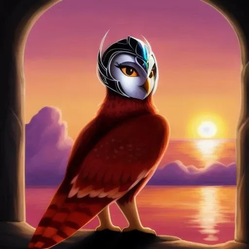 <lora:gahoole:0.5> owl, watching at viewer, female, best quality, masterpiece, helmet , sunset