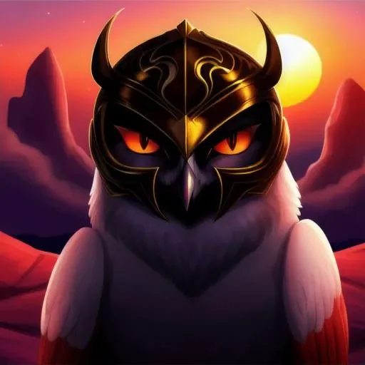 <lora:gahoole:0.5> owl, male, best quality, masterpiece, sunset, evil, helmet:0.5, pure one