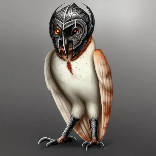 <lora:gahoole:0.7> owl, male, best quality, masterpiece, full body, kludd, barn owl, injured, scar, cloudy eye, ginger feathers, evil, evil helmet, pure one, metal beak, no face